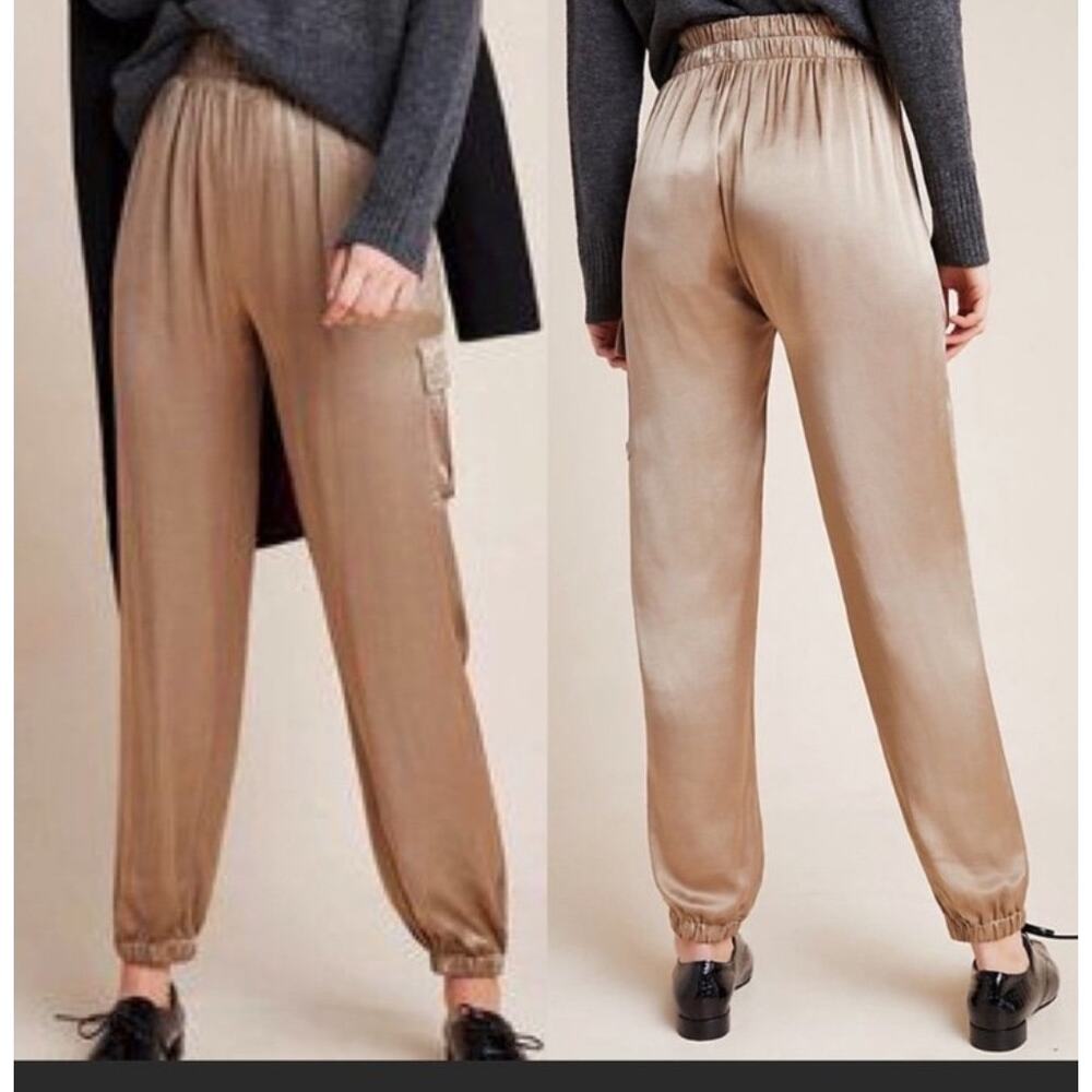 Anthropologie Satin Jogger NWT Cargo Taupe Tina + Jo High Rise L Pull On Pant